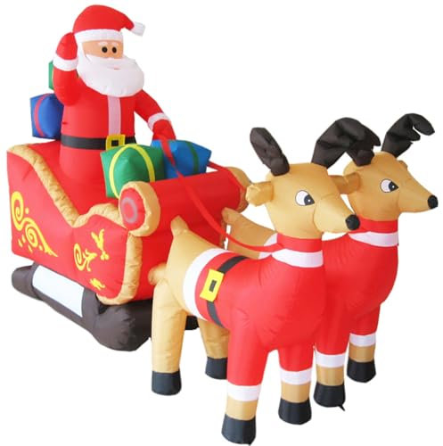 BAKAJI Aufblasbarer XXL Weihnachtsmann mit Schlitten und Rentier, Dekoration für den Außenbereich, Garten, Weihnachtsdekoration, Stecker zum schnellen Aufpumpen, Größe 155 x 235 cm, Befestigungsset