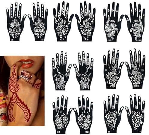 14PCS Glitter Tattoo Stencils Kit, Self Adhesive Henna Stencils for Hand, Reusable Hand Shape Indian Arabian Tattoo Stickers for Women Girls, Art Body Painting