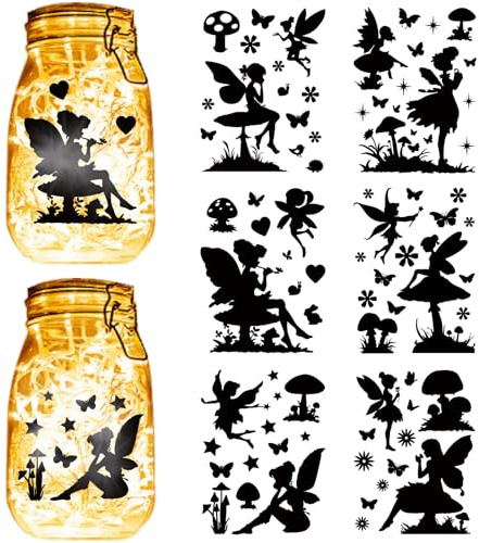 CREATCABIN 6 Blatt Feen & Pilz Einmachglas Dekor Aufkleber Silhouetten Dekoration PVC Ausschnitt Display Scrapbook Ornamente Selbstklebend Wasserfest Für Glas, Glaslampe, Tagebuch Schwarz 15x20cm