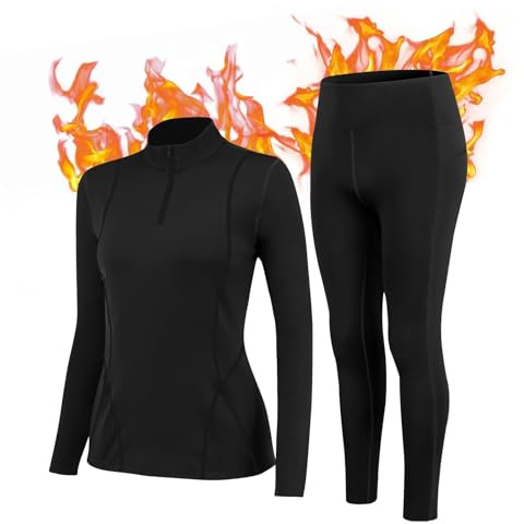 TERODACO Thermal Ski Base Layers Women Half Zip Warmth Thermal Underwear Set Womens UPF 50+ Quick Dry Thermal Tops and Fleece Lined Leggings for Running Hiking Cycling,Soft 02513 02324 Black S