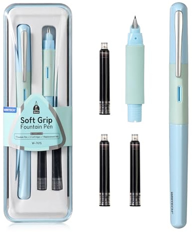 WRITECH Soft Grip Fountain Pen: Black Ink Fine Nib Pen with 1 Replacement Nib Set and 3 Ink Cartridges Smooth Writing for Calligraphy Journaling Gift (Blue)