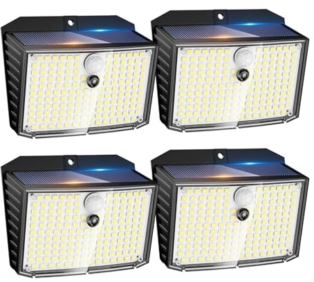 Auting Lampade Solari Parete Esterno 158 LED IP65 4 Pezzi | Sensore movimento con 3 modalità illuminazione per giardino garage cortile e recinzioni esterne