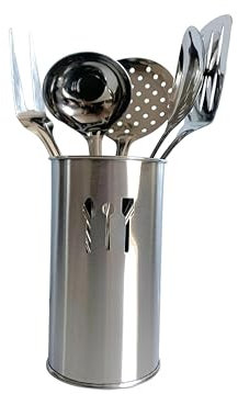 Juego de utensilios de cocina de acero inoxidable, 6 piezas con soporte, incluye cuchara, tenedor, cucharón, volteador y espumadera