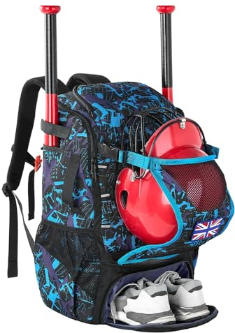 POWER KING 45L Youth Baseball Bat Bag, Large Capacity Backpack for Baseball, T-Ball & Softball Equipment & Gear with Shoe Compartment | Fence Hook | Helmet Holder (Blue)