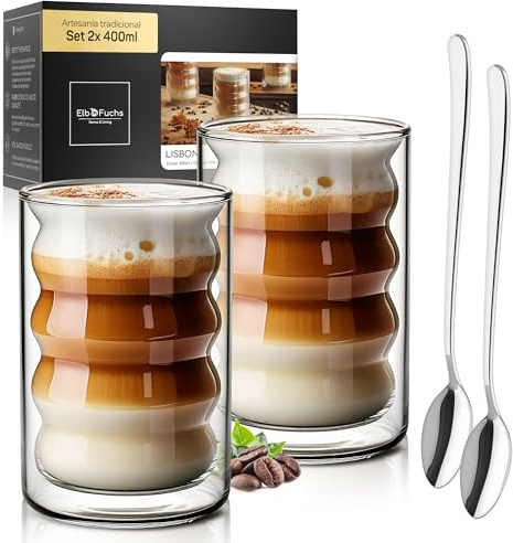 ElbFuchs® Set de tasse double paroi Latte Macchiato [2×400 ml] verres isothermes transparents avec cuillères | pour cappuccino, café & thé