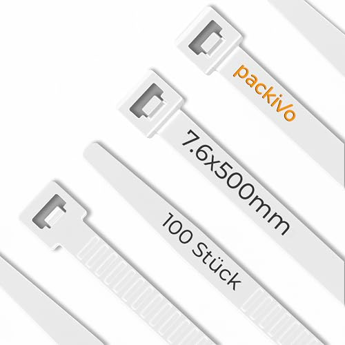 Packivo Kabelbinder Weiß 500mm x 7,6mm 100 Stück, 40KG Zugfestigkeit, Hitzebeständig für Kabelmanagement, Gartenarbeit, Werkstätten, Autowerkstatt, Bau, DIY, Industrie