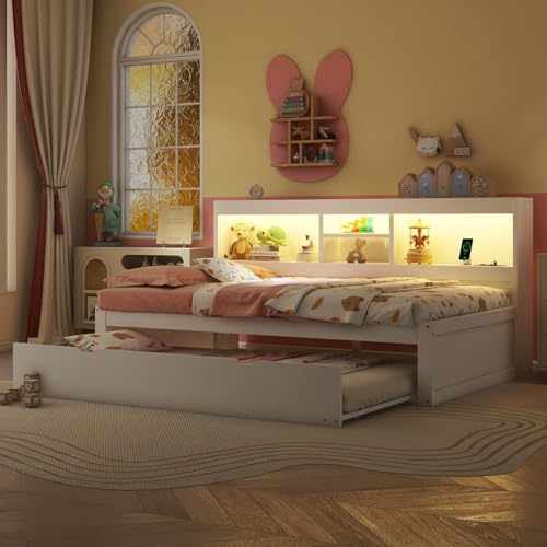KOMHTOM Canapé-lit avec Compartiment de Rangement et Port de Charge, Lit de Jour Multifonctionnel avec lit gigogne et Lumière LED(sans Matelas) (Blanc, 90x200cm)