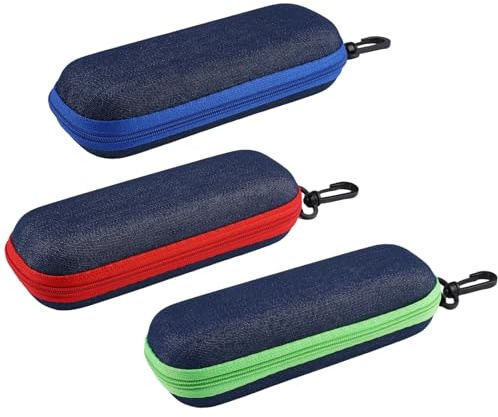 3 Piezas Estuche de Gafas de Mezclilla, Portátil Estuche para Gafas con Cremallera, Rígido, para Estudiantes, Mujeres, Hombres, Práctica Cremallera, Talla Unica, 16.2 x 6.5 x 4 cm (Azul, Verde, Rojo)