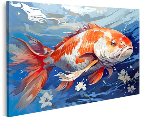 islandburner Prime Quadro su tela Colorato Koi Pesce in acqua blu con fiori bianchi
