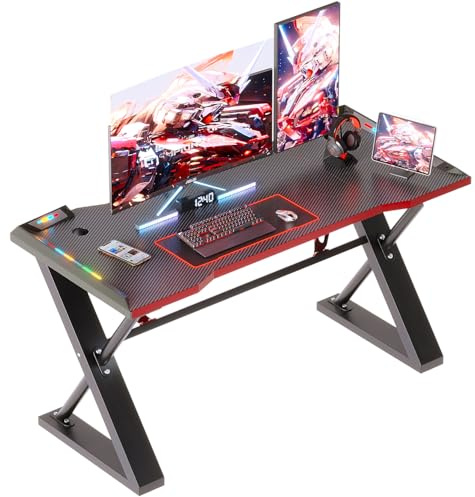 Xyphren 100 * 55 cm Gaming Desk with LED Lights, Gaming Table Thickened Z Shaped, Gamer Desk with Carbon Fiber Coated, Gaming PC Desk, Computer Desk Easy to Assemble, Carbon Fiber Black