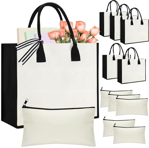 LYCN 10er Set Weiße Jutetaschen, Blanko Wiederverwendbare Canvas Einkaufstaschen mit Henkeln und Schminktaschen, Baumwolltaschen Stoffbeutel Set für Bemalen Bedrucken Hochzeit (34 x 40 x 15 cm)