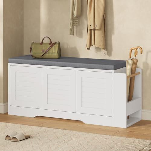 Schuhbank, Schuhregal mit Stauraum und gepolstertem Kissen, Sitzbank mit Seitliches Ablagefach, Flurbank mit 3 Türen, verstellbaren Ablagen, für Schlafzimmer, Flur und Portale, 34 x 110 x 48 cm, Weiß