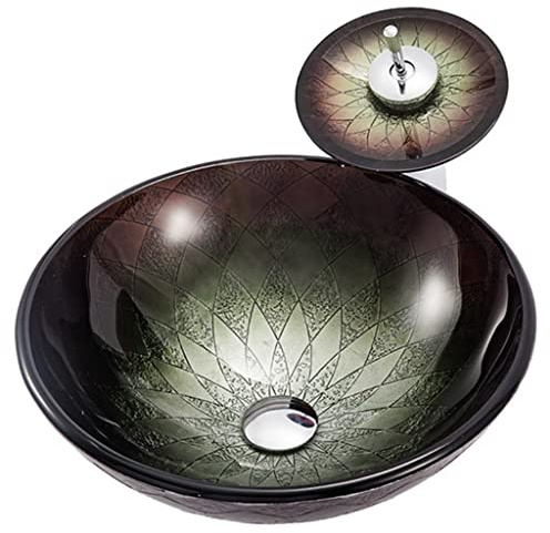 PUFAHAU Lavabo De Baño De Vidrio Templado con Grifo Cascada Y Desagüe Emergente, Acabados Artísticos Hechos A Mano.