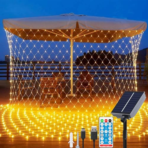 Fonysien Solar Lichternetz Wasserdichte 1.5 * 1.5M 96LEDs Lichternetz Lichtervorhang Außen mit Fernbedienung 8 Modi Baum Lichterkette Netz für Garten Fenster Weihnachten Hochzeit