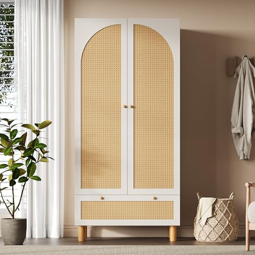 Mielvu Armario con 2 puertas y ratán, estilo rústico, color blanco, con cajón grande, estantes ajustables en altura y barra para ropa, incluye protección antivuelco, 180 x 85 x 52 cm (alto x ancho x