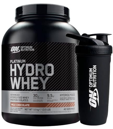 Optimum Nutrition Platinum Hydro Whey Proteine in Polvere Gusto Cioccolato al Latte 1,6Kg 40 Porzioni Isolate Idrolizzate dal Siero del Latte per Crescita Fibre Muscolari + REFORCE STEEL SHAKER