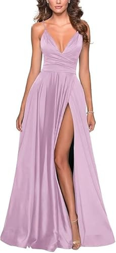 Genérico Vestidos de Fiesta de satén Vestido Largo de Dama de Honor con Tirantes Finos Vestidos de Noche con Escote en V y Abertura Lila 8XL