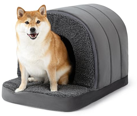 PELZIN Orthopädisches Hundehöhle - Hundehaus für Drinnen - Hundehütte Indoor rutschfest - Waschbar Hundebett Mit Dach für Mittelgroße Hunde & Einen 76cm Hundekorb - 73x45cm, Grau