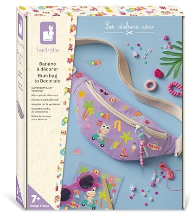 Janod - Kit Creativo Personalizzazione Marsupio - Decora la Tua Borsa - Set DIY Completo: 1 Marsupio + Decalcomanie + Portachiavi - Cotone OEKOTEX - attività Manuale dai 7 Anni