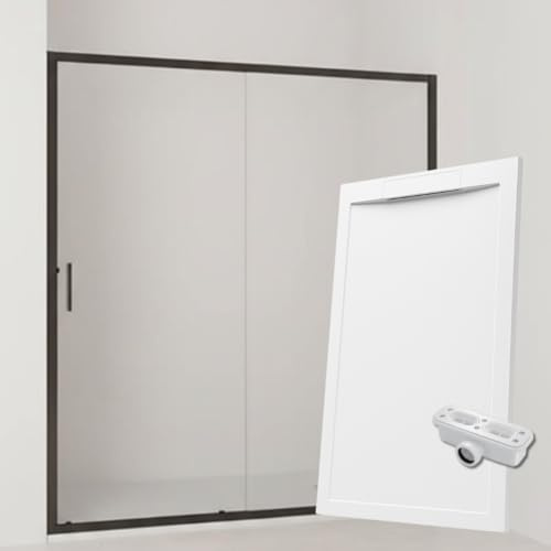 Pacchetto box doccia frontale scorrevole + fisso con profilo inferiore/nero opaco 150 cm e piatto doccia bianco infrangibile antiscivolo 150X70cm
