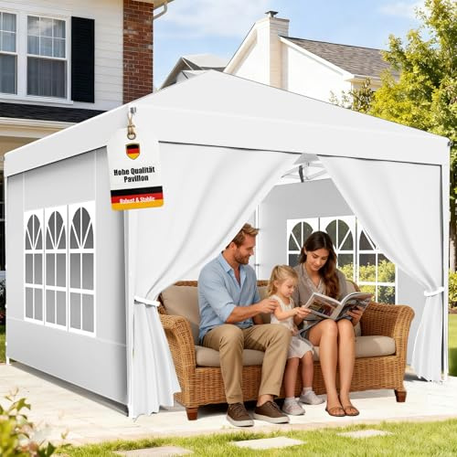 Tonnelle de Jardin 3x3m,Tente Pliante de Exterieur avec 4 Côtés、4 Sacs de Sable、Sac de Transport,Tonnelle Pliante Imperméable，Anti UV，Hauteur Réglable，Tente de Camping,Barnum pour Exterieur,Blanc