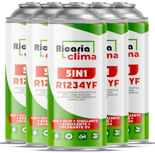 Ricaria Clima 5 en 1 – 5 x refrigerante R1234yf para Aire Acondicionado de Coche con Aceite, sellador de Fugas, trazador UV y deshidratante – Aplicación rápida – Protege el compresor – 235 g por Caja