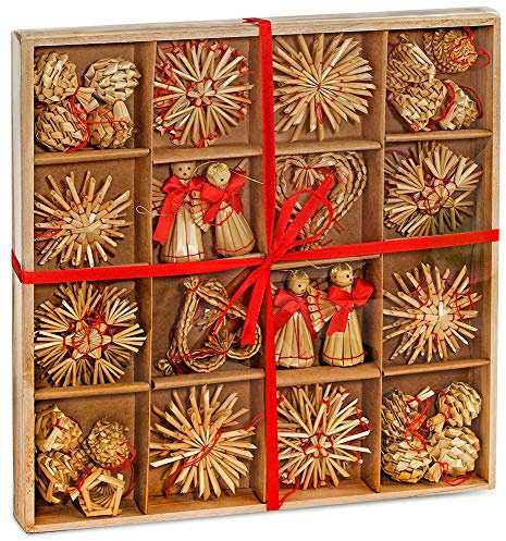 BRUBAKER 48-teiliges Set Strohsterne Weihnachtsbaumschmuck aus Stroh | Bis zu 6,5 cm große Sterne Herzen Engel