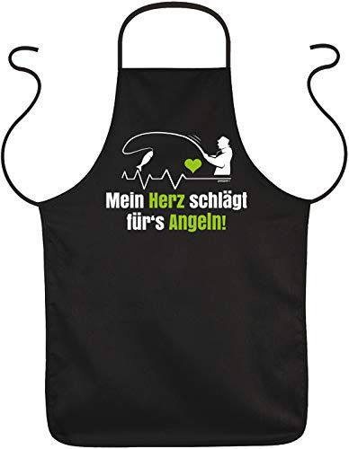 Geile-Fun-T-Shirts Herren Grillschürze - Mein Herz schlägt fürs Angeln - Küchenschürze Kochschürze für Männer schwarz lustiges Angler Geschenk zum Geburtstag