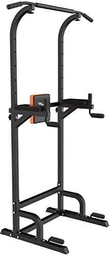 MAXSTRENGTH Power Tower Pull Up Bar Dip Station Chin Up for Home Multi Gym Strength Training Fitness Equipment Adjustable Height Pull Up & Dip Station Fitness Workout Station (Orange/Black Seat)