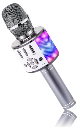BONAOK Bluetooth-Mikrofon, kabellos, Mikrofon für Kinder mit LED-Lichtern, Mini-Karaoke-Maschine für Party/Haus/Geburtstag, kompatibel mit Bluetooth iOS Android (Space Grau)