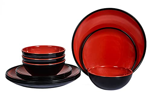 Service de table en mélamine – Service de table 12 pièces pour intérieur et extérieur, assiettes et bols pour 4 personnes, plats bicolores, passe au lave-vaisselle (rouge + noir)