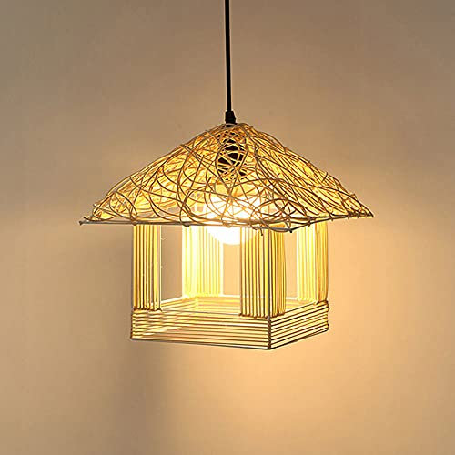 MODEBHD Japanese Style Bamboo Woven Lampshade,Hand-woven Rattan Chandelier,E27 Single Head Lighting Equipment,for Living Room Bedroom Kitchen Tatami Rattan Lamp