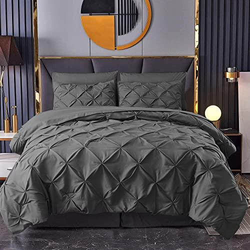 MK Home Textile Pintuck Bettwäsche-Set, 3-teilig, mit Quetschfalten, 100 % Baumwollperkal, Fadenzahl 200, Weiß/Silbergrau/Anthrazit/Pink/Marineblau, Bettwäscheset (Anthrazit, Doppelbett)