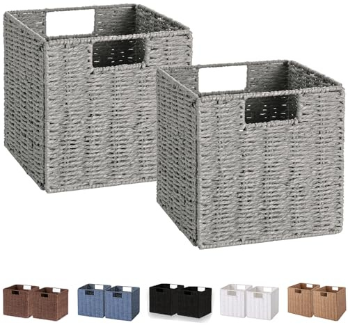 Vagusicc Storage Basket, Set of 2 Hand-Woven Paper Rope Wicker Baskets for Storage, Foldable Cube Storage Bins Organizer, 9 inch Medium Wicker Storage Baskets for Shelves Pantry Organizing Decor, Grey