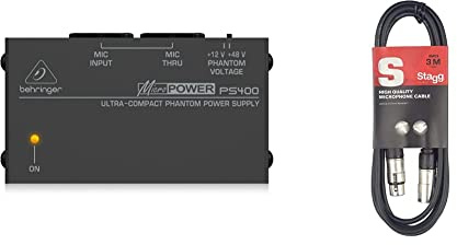 Behringer PS400 Micropower Phantom Power Supply & Stagg 3M / 10ft XLR to XLR Cable, 3-Pin Male to Female, Suitable for Microphone, PA System, Audio Mixer, Studio Monitors, Audio Recording