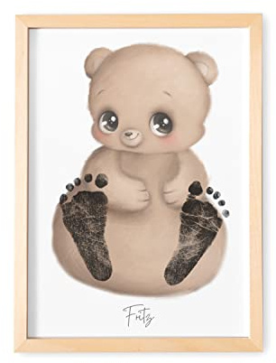 Baby Fußabdruck Bild Personalisiertes Tierbild Poster mit Tieren für Babyzimmer Deko Kinderzimmer Erinnerung an Meilenstein (OHNE FARBE) (Bär, DIN A4 | Fußlänge bis 6 cm | Alter bis 6 Monate)