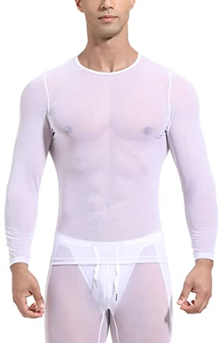 Hombres Ver a través de Manga Larga Malla Transparente Camiseta de Entrenamiento Camisa Sexy Transparente Tops Ropa de Discoteca