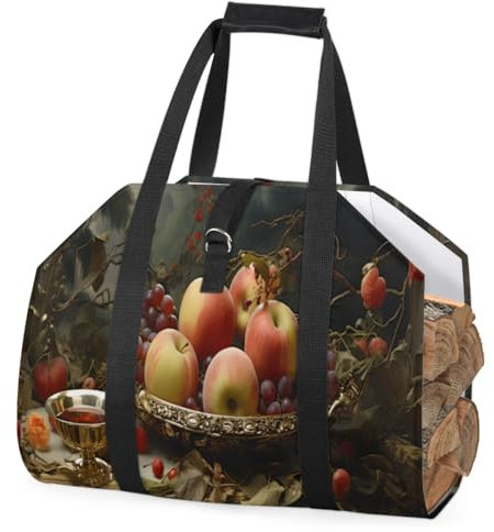 cfpolar Frutas, manzanas, uvas, hojas de vino, leña, portador de troncos con asa, bolsa de almacenamiento de leña de gran capacidad, bolsa de transporte de madera, chimenea, accesorios para estufa de