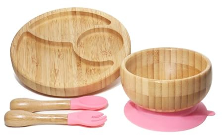 Vajilla infantil Tazón de alimentación for bebé, plato de cena for bebé, vajilla de madera for alimentación de niños con ventosa de silicona, tenedor de madera, cuchara, platos for niños Bebé Boles (