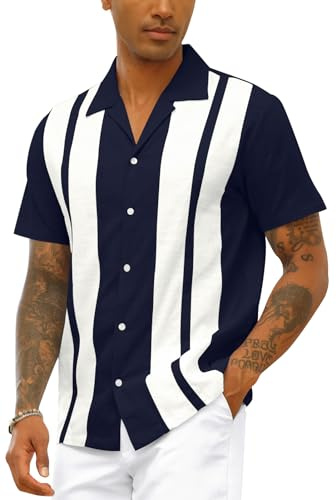 Chemise de bowling vintage en coton et lin à manches courtes pour homme, bleu marine, 3XL