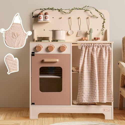 ROBUD Play Kitchen, Creamy Rose Wooden Kids Toy Kitchen with Accessories Oven, Utensils, Apron, Gloves | Children's Pretend Play Toys Gifts for Kids Age 3+