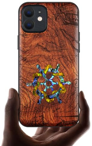 Carveit Coque Magnétique pour iPhone 12 Étui de Protection TPU, Gravure en Bois et Incrustation de Coquille Cover Compatible Magsafe avec 12 Coque (Rosé-Roue en Bois Vintage)