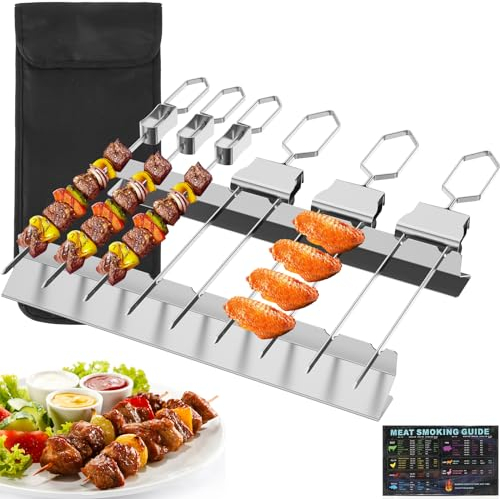 10Pcs BBQ Metal Skewer Set for Kebab, Stainless Steel Double Prong Skewer with Storage Bag, Kebab Grill Skewers with Skewer Holder, Kabob Sticks Meat Skewers Accessories for Meat Chicken Sausages