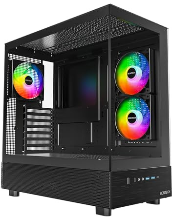 MONTECH XR-B, ATX Mid-Tower PC Gaming Case, 3x120mm ARGB PWM Fans Pre-Installed, Full-View Dual Tempered Glass Panel, Wood-Grain Design I/O Interface, 4090 GPUs, 360mm Radiator Support, Black