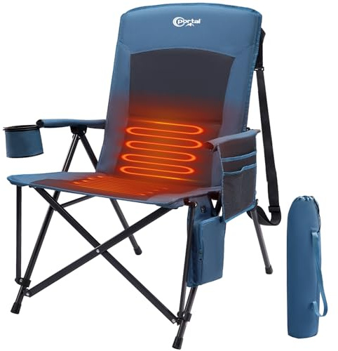 Portal uppvärmda campingstolar för vuxna, hopfällbar trädgårdsstol med hög rygg kraftiga belastningar, 180 kg, överdimensionerat hopfällbart säte för strand, picknickfestival, batteri ingår inte