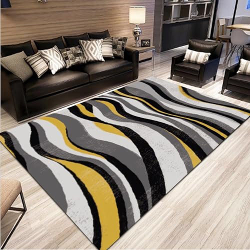 Schreibtisch Teppich Abwaschbarer, Rutschfester Teppich Schwarz Grau Gelb Streifendesign,bettvorleger waschbar tepichlaüfer modern Wohnzimmer 160x230cm