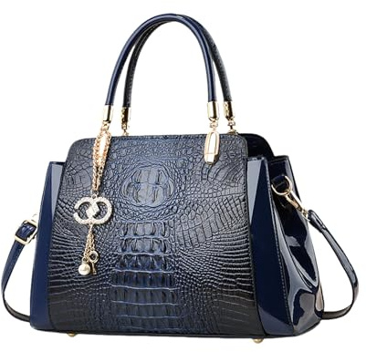 NICOLE & DORIS Elegante Handtaschen Damen Schultertaschen Kroko Henkeltasche Lackleder Frauen Umhängetasche Mittelgroß Tote Handtasche mit Anhänger Dunkelblau