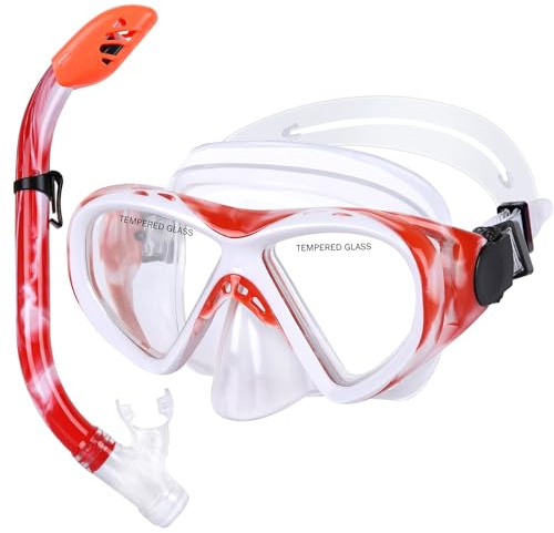 KUYOU Kids Snorkel Set Dry Top Snorkeling Gear,180°Panoramic Wide View Swimming Diving Mask for Kids Youth Boys Girls Junior Age 5-12 (Red+White)