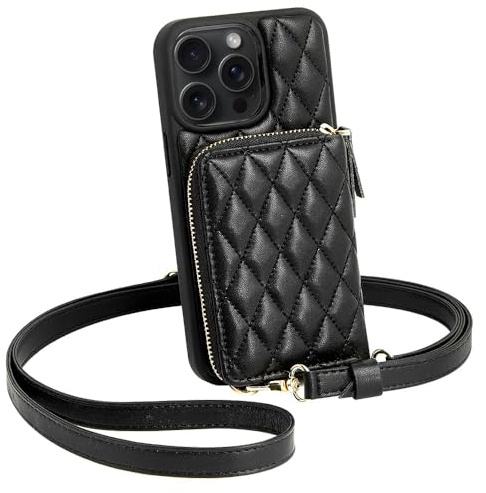 CUSTYPE für iPhone 16 Pro Hülle mit Band, Kartenfach und Geldbörse aus Mikrofaserleder, Handykette für iPhone 16 Pro Schwarz 6,3