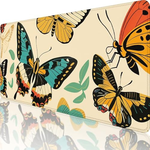 Schwarz Mauspad XXL 600x300 mm, Erweiterte Groß Mousepad Schmetterling, Wasserfest Schreibtischunterlage Vernähte Kanten Design, Mouse Pad mit rutschfeste Gummibasis für Pc Büro Deko, Geschenke e-2